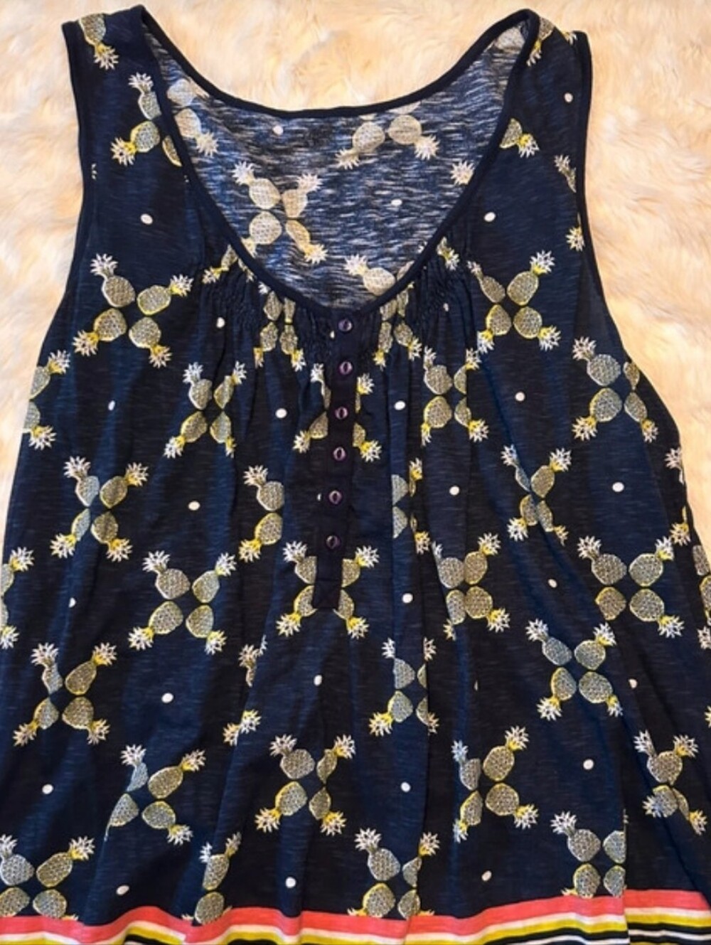 crown & ivy Navy Pineapple Print Tank with Striped Hem
